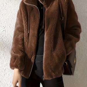 Drawstring Teddy Coat, Casual Zip Up Long Sleeve Warm Outerwear, Women's Clothing