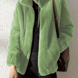 Drawstring Teddy Coat, Casual Zip Up Long Sleeve Warm Outerwear, Women's Clothing