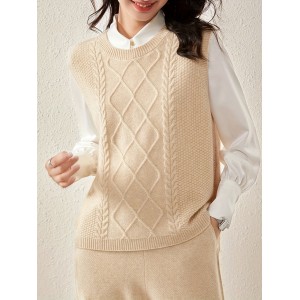 Solid Cable Knit Sweater Vest, Versatile Sleeveless Sweater For Fall & Winter, Women's Clothing