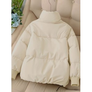 Solid Zip Front Coat, Casual Stand Collar Long Sleeve Fall & Winter Warm Outerwear, Women's Clothing
