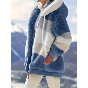 Fuzzy Color Block Coat, Casual Hooded Zip Up Drawstring Long Sleeve Outerwear, Women's Clothing