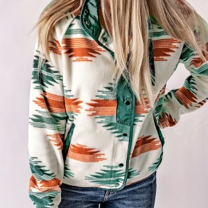 Aztec Print Button Front Jacket, Boho Long Sleeve Outerwear, Women's Clothing