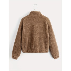 Zip Up Solid Teddy Jacket, Casual Simple Winter Warm Outerwear, Women's Clothing