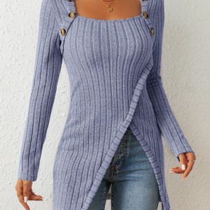 Button Decor Asymmetrical Hem T-Shirt, Casual Ribbed Long Sleeve Top For Spring & Fall, Women's Clothing