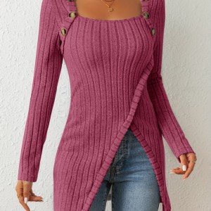 Button Decor Asymmetrical Hem T-Shirt, Casual Ribbed Long Sleeve Top For Spring & Fall, Women's Clothing