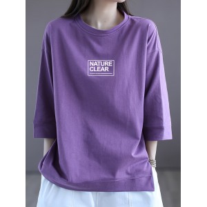 Letter Print Simple T-shirt, Casual Drop Shoulder 3/4 Sleeve Crew Neck T-shirt, Women's Clothing