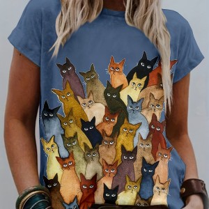 Cat Print Crew Neck T-Shirt, Casual Short Sleeve T-Shirt For Spring & Summer, Women's Clothing