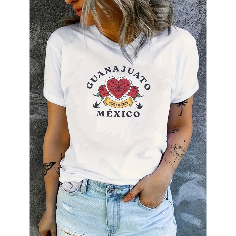 Graphic Print T-shirt, Short Sleeve Crew Neck Casual Top For Summer & Spring, Women's Clothing