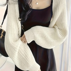 Cropped Solid Knit Sweater, Open Front Long Sleeve Sweater, Women's Clothing