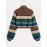 Bear Pattern Striped Pullover Sweater, Cute Turtle Neck Long Sleeve Crop Sweater, Women's Clothing