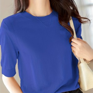 Half Sleeve Knit Swearter, Casual Crew Neck Solid Sweater For Spring & Summer, Women's Clothing