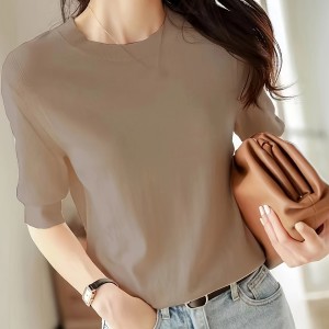 Half Sleeve Knit Swearter, Casual Crew Neck Solid Sweater For Spring & Summer, Women's Clothing