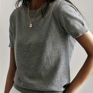 Solid Crew Neck Sweater, Casual Short Sleeve Sweater For Spring & Summer, Women's Clothing