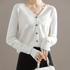 Elegant V-neck Solid Cardigan, Long Sleeve Cardigan For Spring & Fall, Women's Clothing