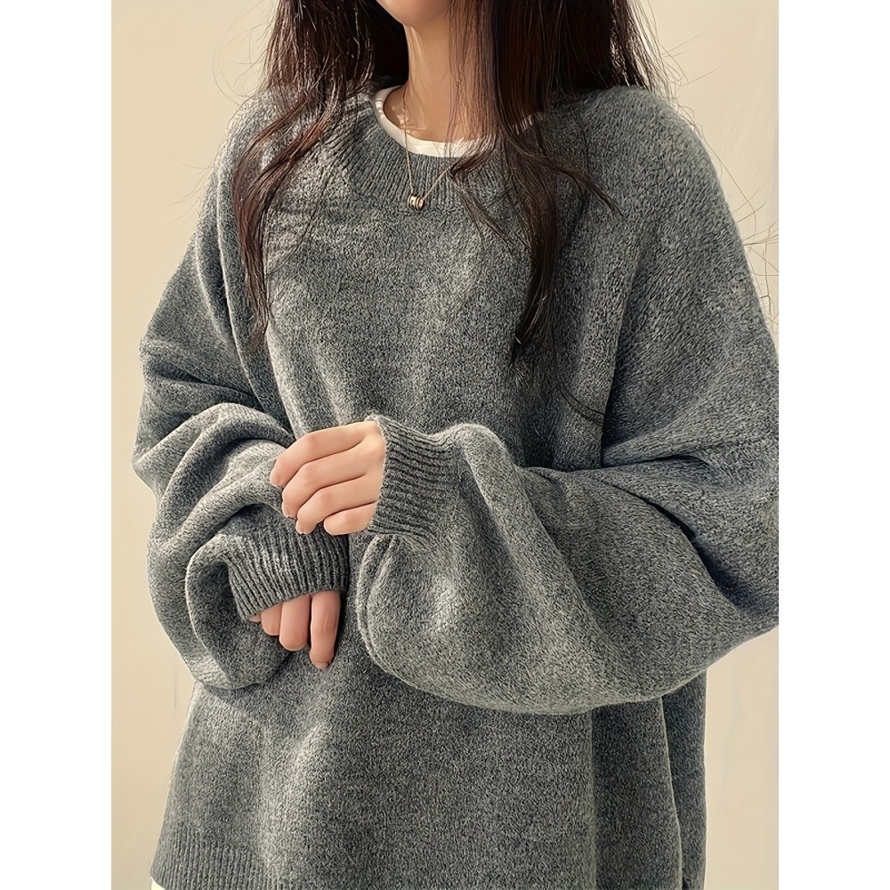 Solid Crew Neck Pullover Sweater, Casual Long Sleeve Drop Shoulder Split Sweater, Women's Clothing