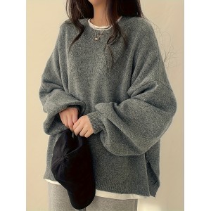 Solid Crew Neck Pullover Sweater, Casual Long Sleeve Drop Shoulder Split Sweater, Women's Clothing
