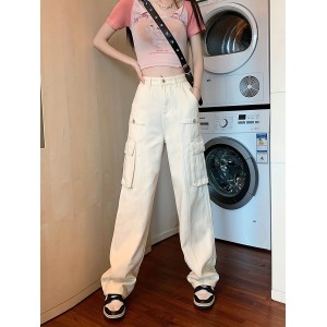 Plain Flap Pockets Cargo Pants, Non-Stretch Loose Fit High Waist Y2K & Kpop Style Straight Jeans, Women's Denim Jeans & Clothing