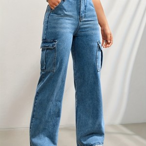 Side Flap Pocket High Waist Denim Cargo Pants, Light Washed Casual Slash Pocket Cargo Jeans, Kpop Y2K, Women's Denim Jeans & Clothing