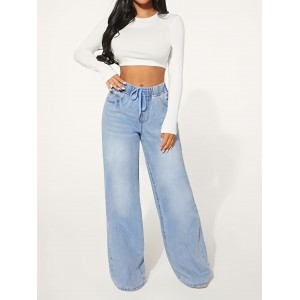 Blue Drawstring Elastic Waist Baggy Jeans, Loose Fit Washed Wide Legs Jeans, Women's Denim Jeans & Clothing