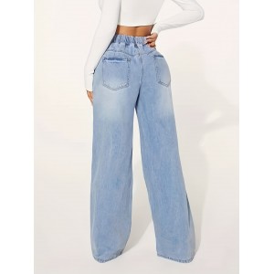 Blue Drawstring Elastic Waist Baggy Jeans, Loose Fit Washed Wide Legs Jeans, Women's Denim Jeans & Clothing