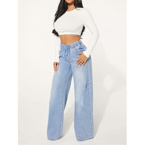 Blue Drawstring Elastic Waist Baggy Jeans, Loose Fit Washed Wide Legs Jeans, Women's Denim Jeans & Clothing