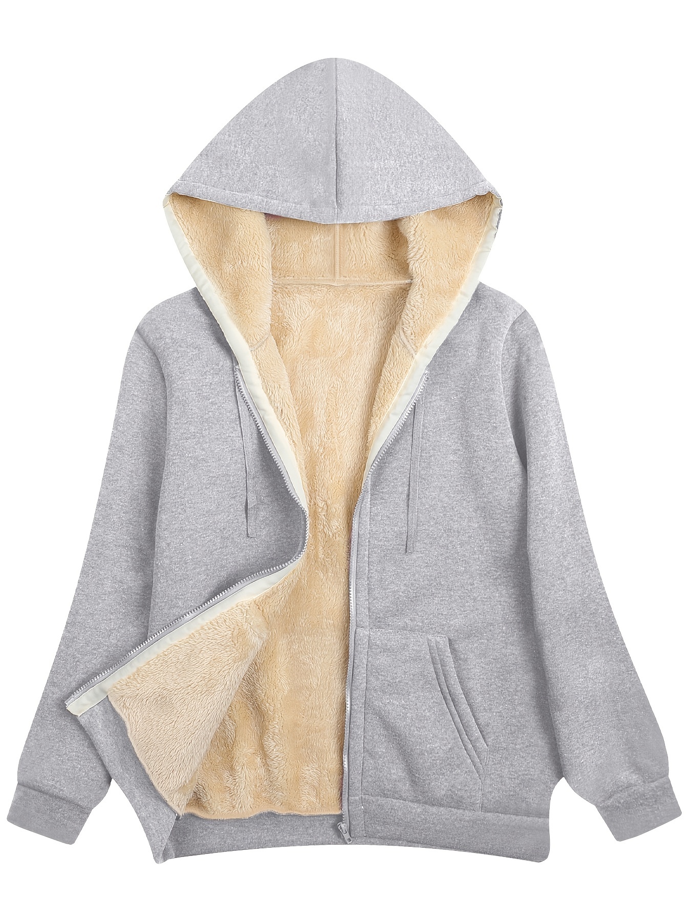 fuzzy hooded jacket casual zip up drawstring long sleeve solid outerwear womens clothing details 5